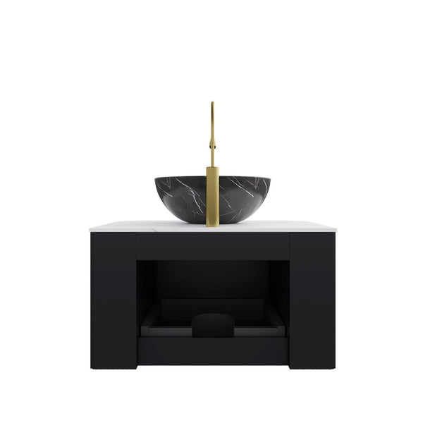 English Elm Dina Floating Bathroom Vanity with Sintered Stone Top and Crystal Glass Basin White+Black W2615S00263