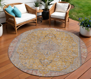 HomeRoots 5' Gold and Peach Medallion Indoor Outdoor Area Rug - Timeless Design, Easy Care, and Versatile Use 8' Round 616270