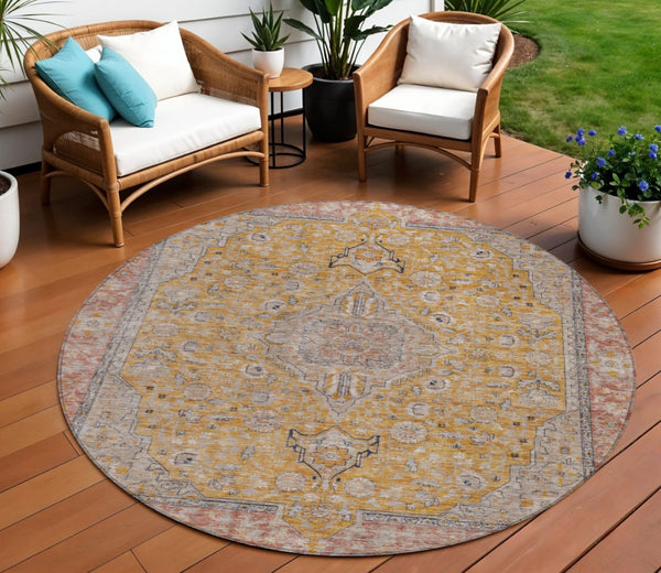HomeRoots 5' Gold and Peach Medallion Indoor Outdoor Area Rug - Timeless Design, Easy Care, and Versatile Use 8' Round 616270