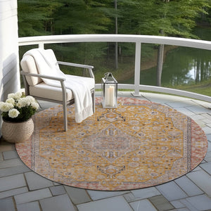 HomeRoots 5' Gold and Peach Medallion Indoor Outdoor Area Rug - Timeless Design, Easy Care, and Versatile Use 8' Round 616270
