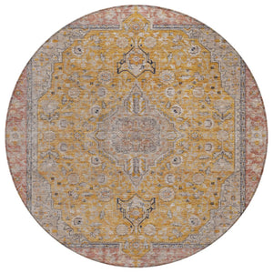 HomeRoots 5' Gold and Peach Medallion Indoor Outdoor Area Rug - Timeless Design, Easy Care, and Versatile Use 8' Round 616270
