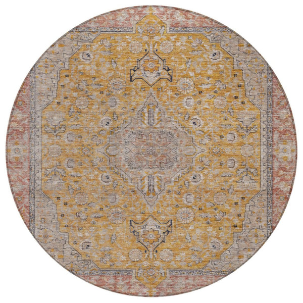 HomeRoots 5' Gold and Peach Medallion Indoor Outdoor Area Rug - Timeless Design, Easy Care, and Versatile Use 8' Round 616270