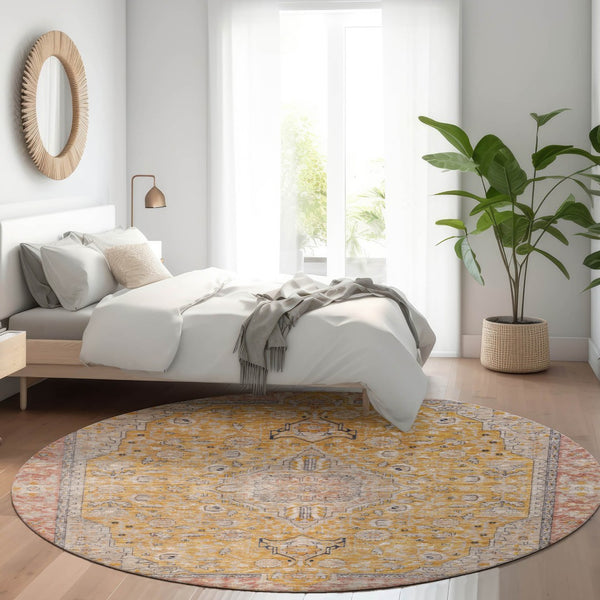 HomeRoots 5' Gold and Peach Medallion Indoor Outdoor Area Rug - Timeless Design, Easy Care, and Versatile Use 8' Round 616270
