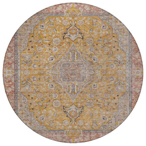 HomeRoots 5' Gold and Peach Medallion Indoor Outdoor Area Rug - Timeless Design, Easy Care, and Versatile Use 8' Round 616270
