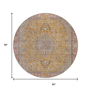 HomeRoots 5' Gold and Peach Medallion Indoor Outdoor Area Rug - Timeless Design, Easy Care, and Versatile Use 8' Round 616270