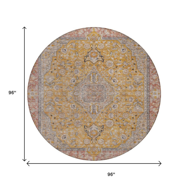 HomeRoots 5' Gold and Peach Medallion Indoor Outdoor Area Rug - Timeless Design, Easy Care, and Versatile Use 8' Round 616270