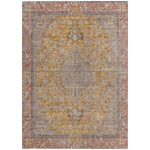 HomeRoots 5' Gold and Peach Medallion Indoor Outdoor Area Rug - Timeless Design, Easy Care, and Versatile Use 8' X 10' 616271