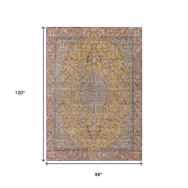 HomeRoots 5' Gold and Peach Medallion Indoor Outdoor Area Rug - Timeless Design, Easy Care, and Versatile Use 8' X 10' 616271