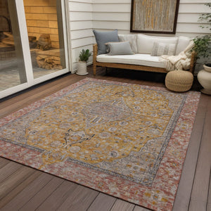 HomeRoots 5' Gold and Peach Medallion Indoor Outdoor Area Rug - Timeless Design, Easy Care, and Versatile Use 8' X 10' 616271