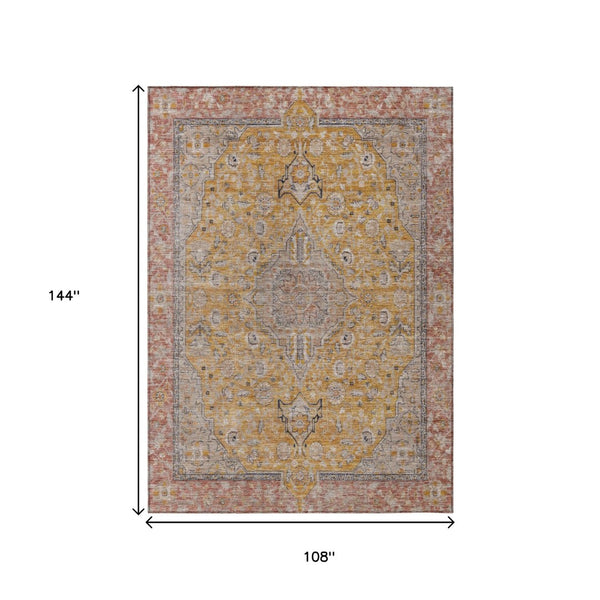 HomeRoots 5' Gold and Peach Medallion Indoor Outdoor Area Rug - Timeless Design, Easy Care, and Versatile Use 9' X 12' 616272