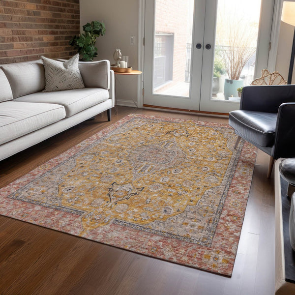 HomeRoots 5' Gold and Peach Medallion Indoor Outdoor Area Rug - Timeless Design, Easy Care, and Versatile Use 9' X 12' 616272