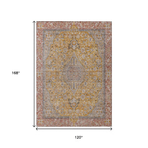 HomeRoots 5' Gold and Peach Medallion Indoor Outdoor Area Rug - Timeless Design, Easy Care, and Versatile Use 10' X 14' 616273