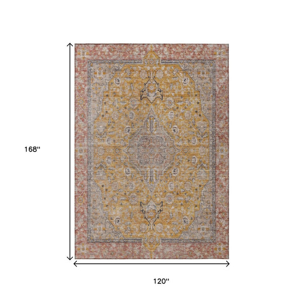 HomeRoots 5' Gold and Peach Medallion Indoor Outdoor Area Rug - Timeless Design, Easy Care, and Versatile Use 10' X 14' 616273