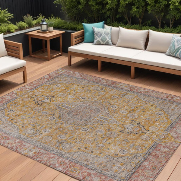 HomeRoots 5' Gold and Peach Medallion Indoor Outdoor Area Rug - Timeless Design, Easy Care, and Versatile Use 10' X 14' 616273