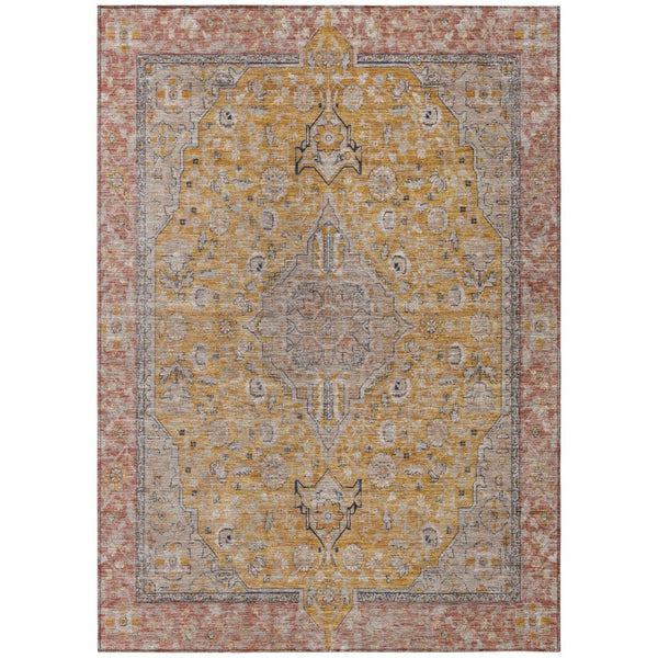 HomeRoots 5' Gold and Peach Medallion Indoor Outdoor Area Rug - Timeless Design, Easy Care, and Versatile Use 10' X 14' 616273
