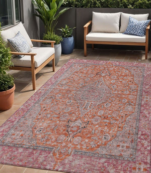 HomeRoots 5' Vibrant Orange and Red Medallion Area Rug - Durable, Washable, Perfect for Indoor and Outdoor Spaces 5' X 8' 616281