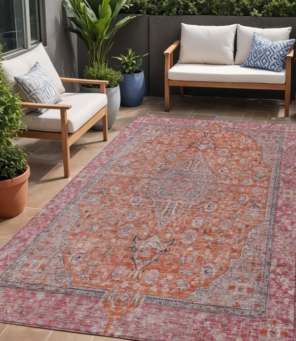 HomeRoots 5' Vibrant Orange and Red Medallion Area Rug - Durable, Washable, Perfect for Indoor and Outdoor Spaces 5' X 8' 616281