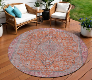 HomeRoots 5' Vibrant Orange and Red Medallion Area Rug - Durable, Washable, Perfect for Indoor and Outdoor Spaces 8' Round 616282