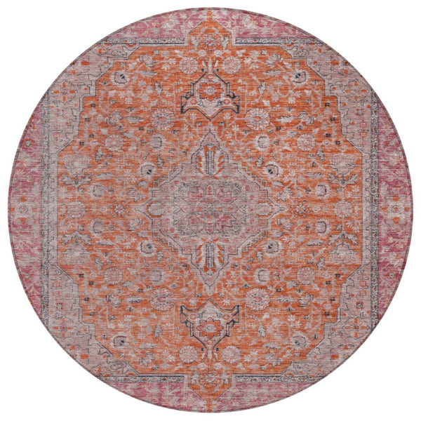 HomeRoots 5' Vibrant Orange and Red Medallion Area Rug - Durable, Washable, Perfect for Indoor and Outdoor Spaces 8' Round 616282