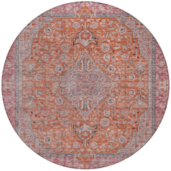 HomeRoots 5' Vibrant Orange and Red Medallion Area Rug - Durable, Washable, Perfect for Indoor and Outdoor Spaces 8' Round 616282