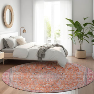HomeRoots 5' Vibrant Orange and Red Medallion Area Rug - Durable, Washable, Perfect for Indoor and Outdoor Spaces 8' Round 616282