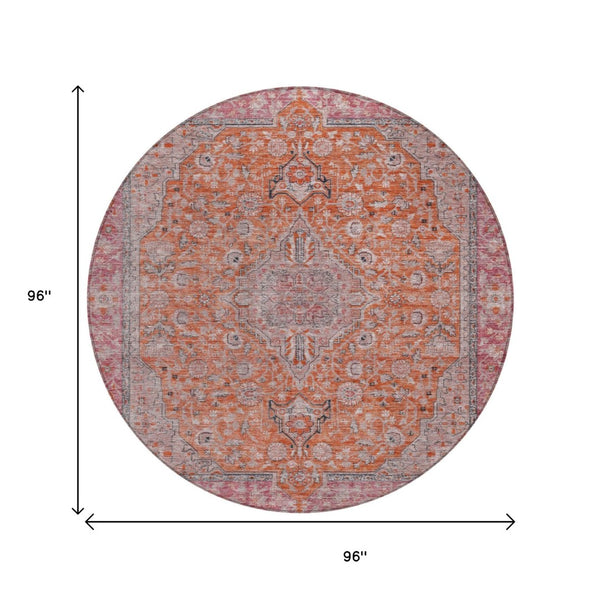 HomeRoots 5' Vibrant Orange and Red Medallion Area Rug - Durable, Washable, Perfect for Indoor and Outdoor Spaces 8' Round 616282