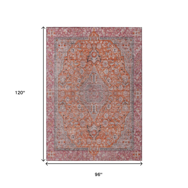 HomeRoots 5' Vibrant Orange and Red Medallion Area Rug - Durable, Washable, Perfect for Indoor and Outdoor Spaces 8' X 10' 616283