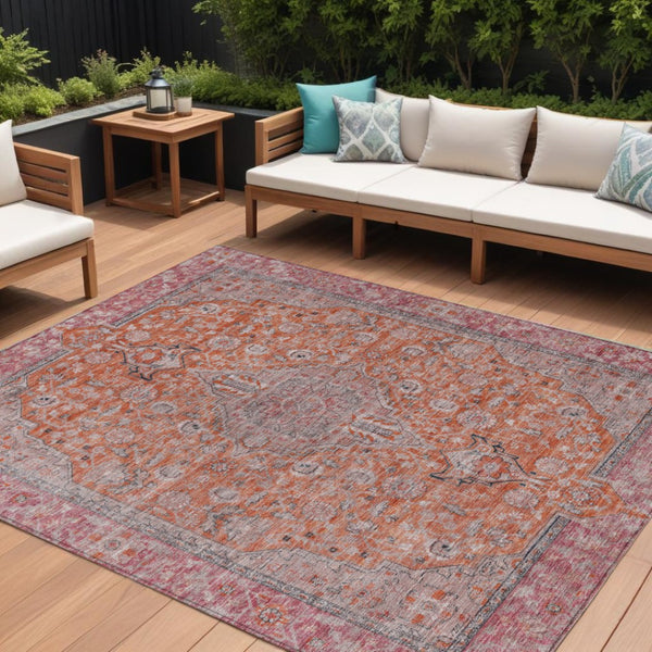 HomeRoots 5' Vibrant Orange and Red Medallion Area Rug - Durable, Washable, Perfect for Indoor and Outdoor Spaces 10' X 14' 616285