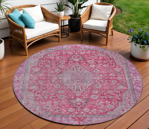 HomeRoots 5' Pink and Lavender Medallion Area Rug - Durable, Washable Design for Indoor and Outdoor Spaces 8' Round 616288