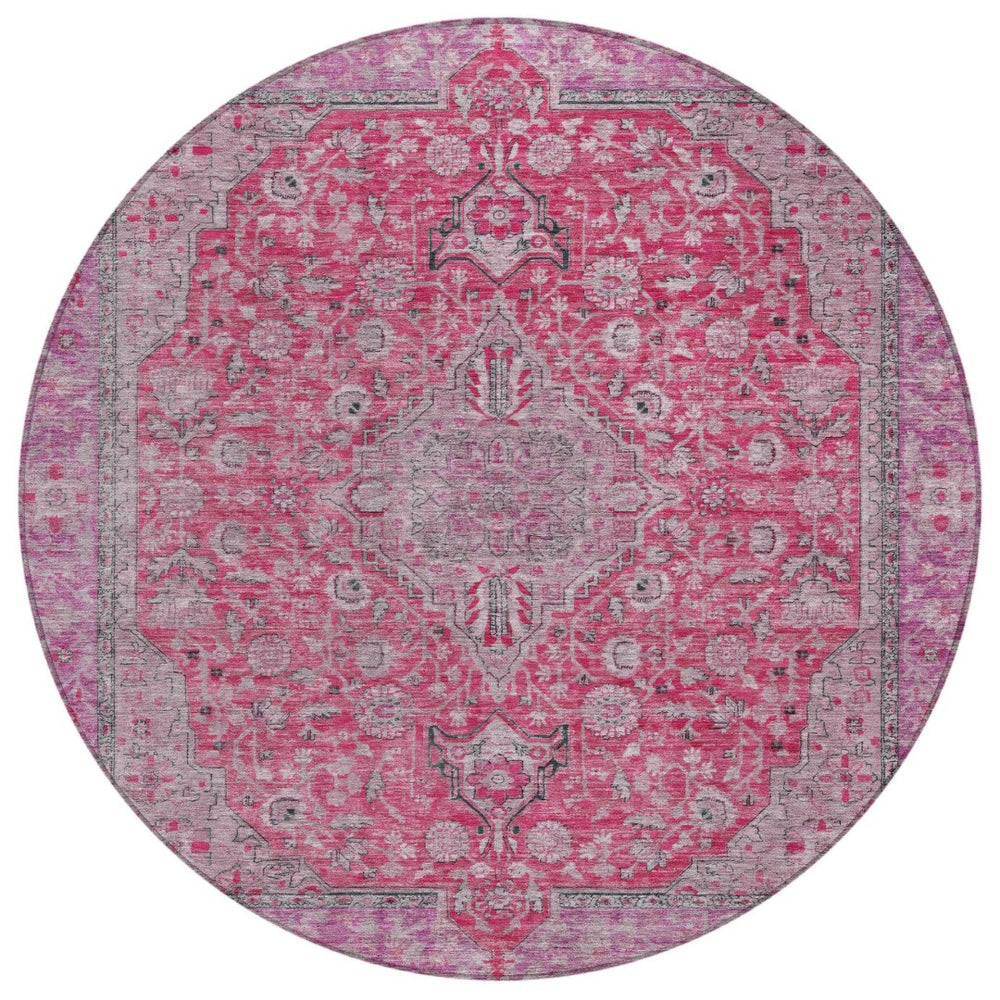HomeRoots 5' Pink and Lavender Medallion Area Rug - Durable, Washable Design for Indoor and Outdoor Spaces 8' Round 616288