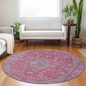 HomeRoots 5' Pink and Lavender Medallion Area Rug - Durable, Washable Design for Indoor and Outdoor Spaces 8' Round 616288
