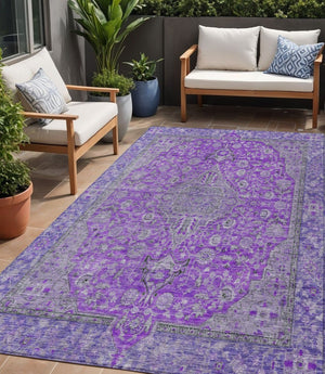 HomeRoots 5' Washable Medallion Area Rug in Purple and Gray - Durable, Elegant Design for Indoor/Outdoor Use 5' X 8' 616293
