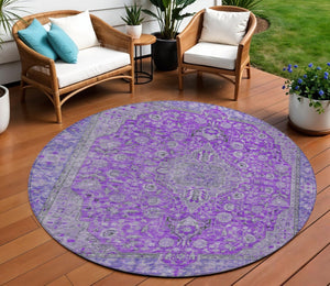 HomeRoots 5' Washable Medallion Area Rug in Purple and Gray - Durable, Elegant Design for Indoor/Outdoor Use 8' Round 616294