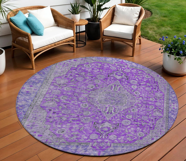 HomeRoots 5' Washable Medallion Area Rug in Purple and Gray - Durable, Elegant Design for Indoor/Outdoor Use 8' Round 616294