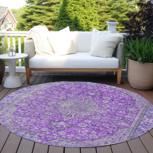 HomeRoots 5' Washable Medallion Area Rug in Purple and Gray - Durable, Elegant Design for Indoor/Outdoor Use 8' Round 616294