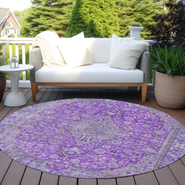 HomeRoots 5' Washable Medallion Area Rug in Purple and Gray - Durable, Elegant Design for Indoor/Outdoor Use 8' Round 616294