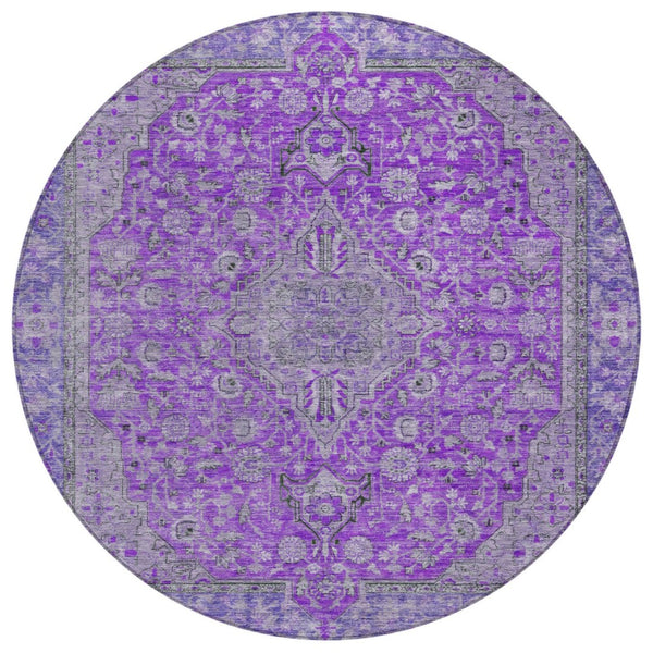 HomeRoots 5' Washable Medallion Area Rug in Purple and Gray - Durable, Elegant Design for Indoor/Outdoor Use 8' Round 616294