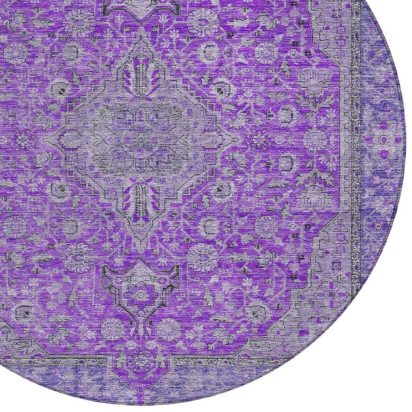 HomeRoots 5' Washable Medallion Area Rug in Purple and Gray - Durable, Elegant Design for Indoor/Outdoor Use 8' Round 616294