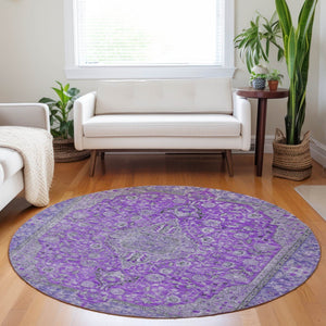 HomeRoots 5' Washable Medallion Area Rug in Purple and Gray - Durable, Elegant Design for Indoor/Outdoor Use 8' Round 616294