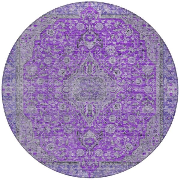 HomeRoots 5' Washable Medallion Area Rug in Purple and Gray - Durable, Elegant Design for Indoor/Outdoor Use 8' Round 616294