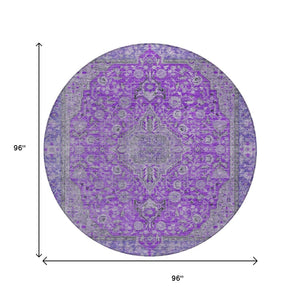 HomeRoots 5' Washable Medallion Area Rug in Purple and Gray - Durable, Elegant Design for Indoor/Outdoor Use 8' Round 616294
