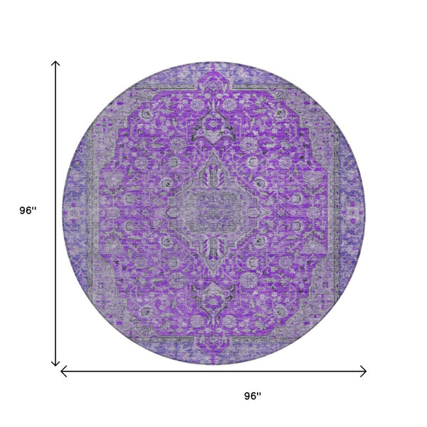 HomeRoots 5' Washable Medallion Area Rug in Purple and Gray - Durable, Elegant Design for Indoor/Outdoor Use 8' Round 616294