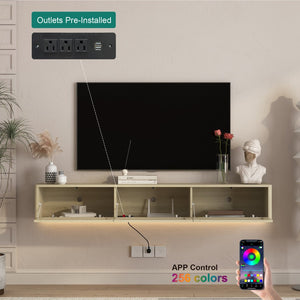 English Elm Floating Wall Mounted Tv Shelf with Led Backlight Gloss Cabinet and Built in Power Strip W1321P391272