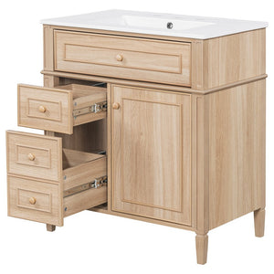 English Elm "30'' 30 Inch Freestanding Bathroom Vanity Solid Pine Cabinet Ceramic Sink Soft Close Storage N725P375498T