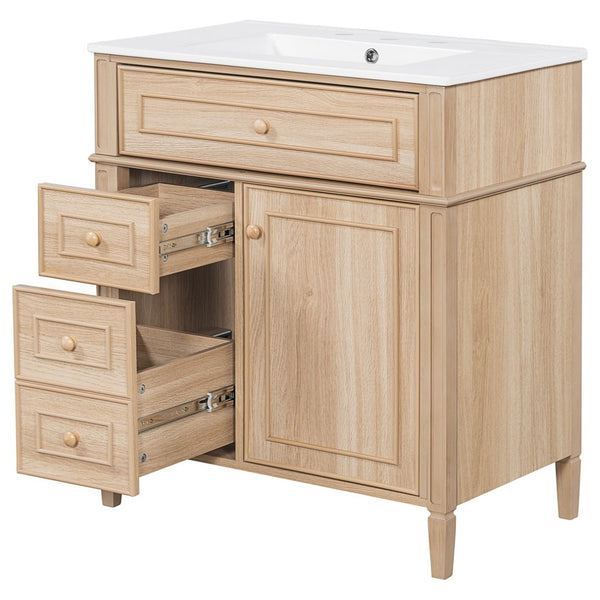 English Elm "30'' 30 Inch Freestanding Bathroom Vanity Solid Pine Cabinet Ceramic Sink Soft Close Storage N725P375498T