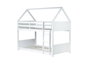 English Elm Twin Over Twin House Bunk Bed With Guardrails, Ladder & Cozy Floor Bed - White Rubberwood Design W504P227938-GIGA