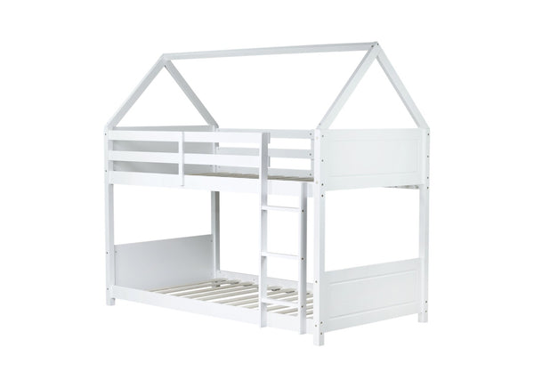 English Elm Twin Over Twin House Bunk Bed With Guardrails, Ladder & Cozy Floor Bed - White Rubberwood Design W504P227938-GIGA