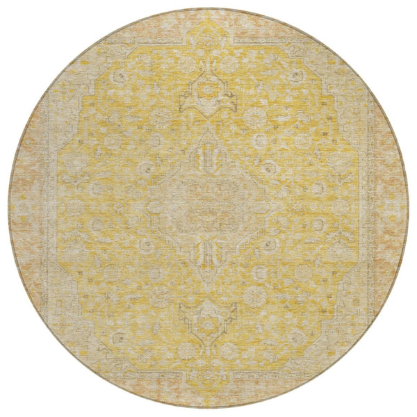 HomeRoots 5' Timeless Wheat and Gold Medallion Area Rug - Washable, Durable, Perfect for Indoor and Outdoor Spaces 8' Round 616300