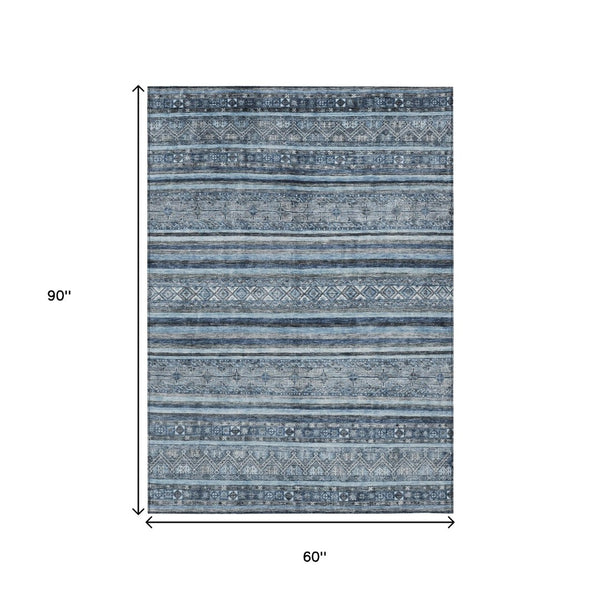HomeRoots 5' Timeless Blue and Gray Oriental Washable Area Rug for Indoor and Outdoor Versatile Spaces 5' X 8' 616335