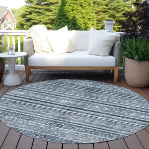 HomeRoots 5' Timeless Blue and Gray Oriental Washable Area Rug for Indoor and Outdoor Versatile Spaces 8' Round 616336